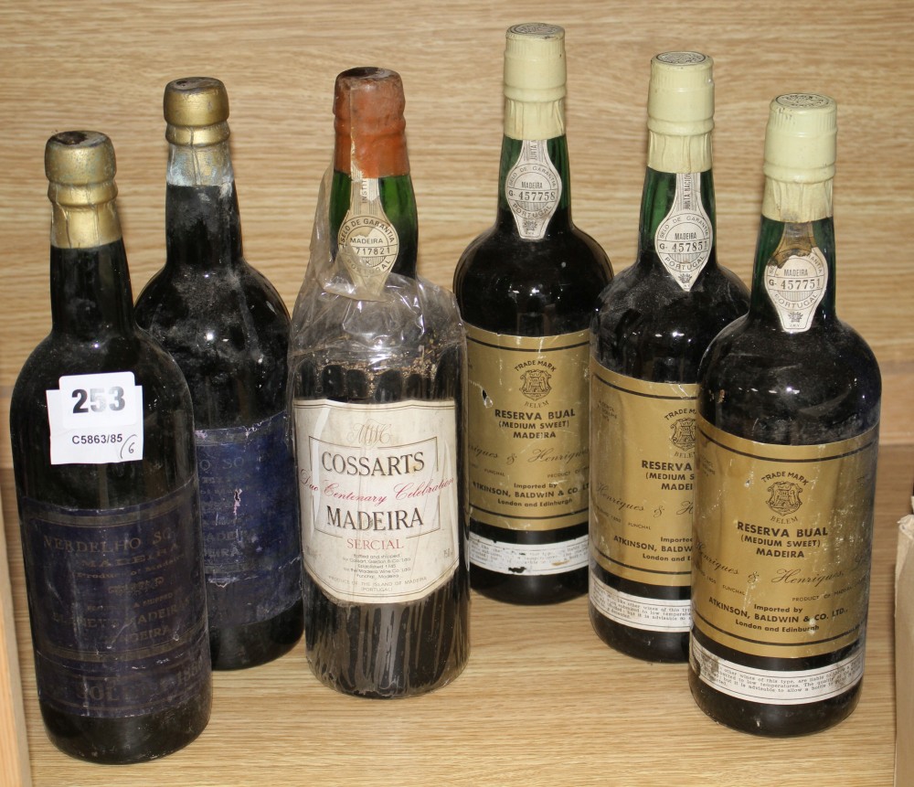 Three bottles of Reserva Bual medium sweet Madeira, two bottles of Verdelho Solera Madeira and a single of Cossarts Madeira